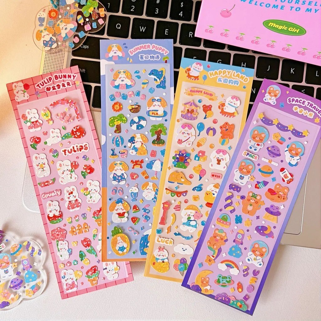 

4 Styles 1Pcs/Bag Cute Little Bear and Little Rabbit Stickers Hand Account Kpop Idol Card Decoration Stickers Korean Stationery