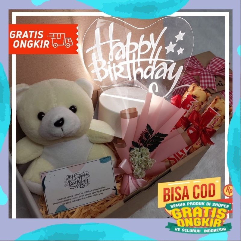 

(Paket LED) Giftbox Hampers Boneka LED Happy Birthday Cewek/ kuning coklat abu ungu sage