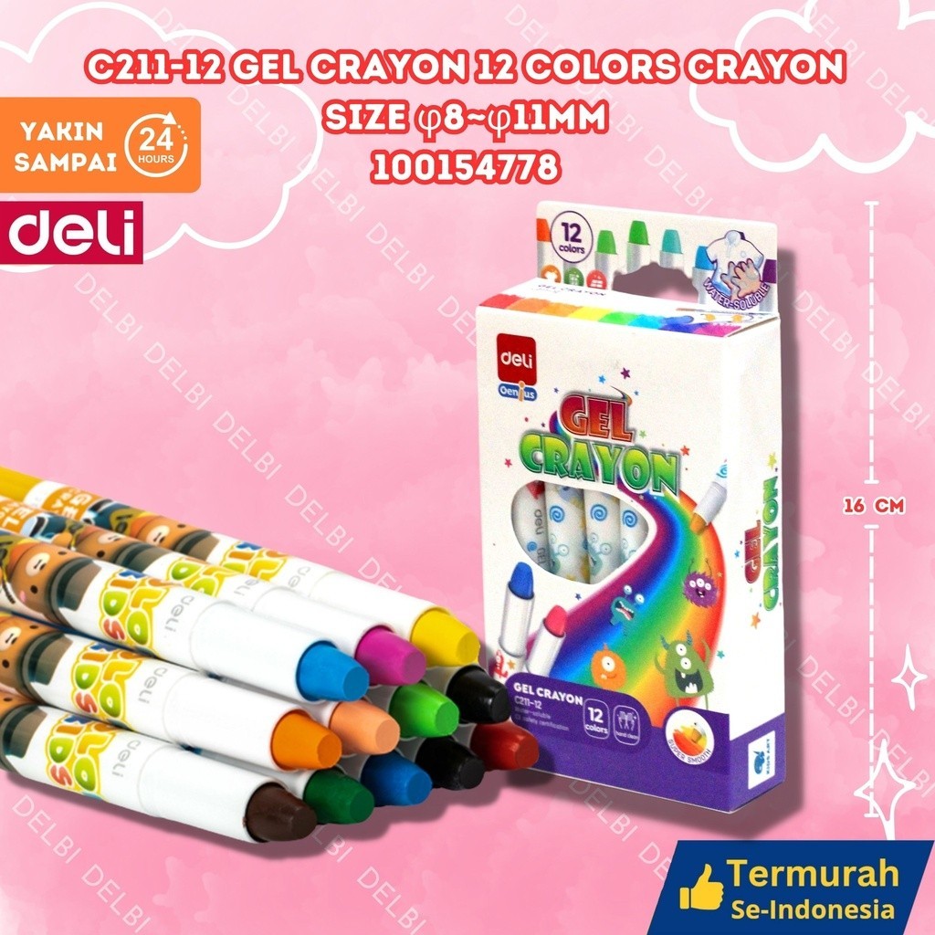 

Deli Gel Crayon / Krayon 12 24 Warna Tidak Mengotori Tangan Bersertifikat Aman EC211 C211-12 Gel Crayon 12 Colors Crayon size φ8~φ11mm