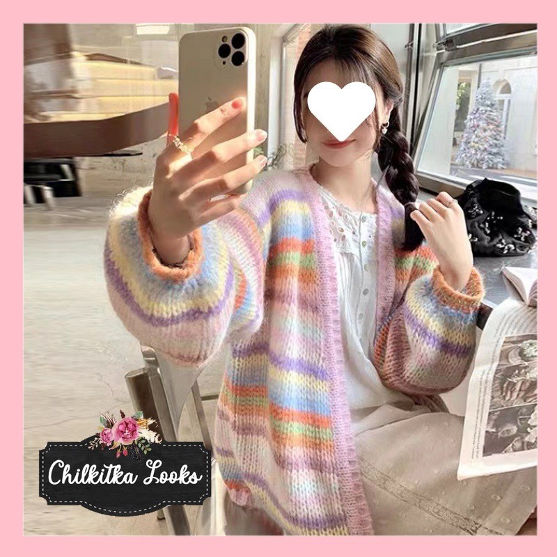 CHILKITKA LOOKS KOREAN FASHION STYLE COLORED RAINBOW CARDI KOREAN CARDIGAN SWEATHER KOREA SWEATER WA