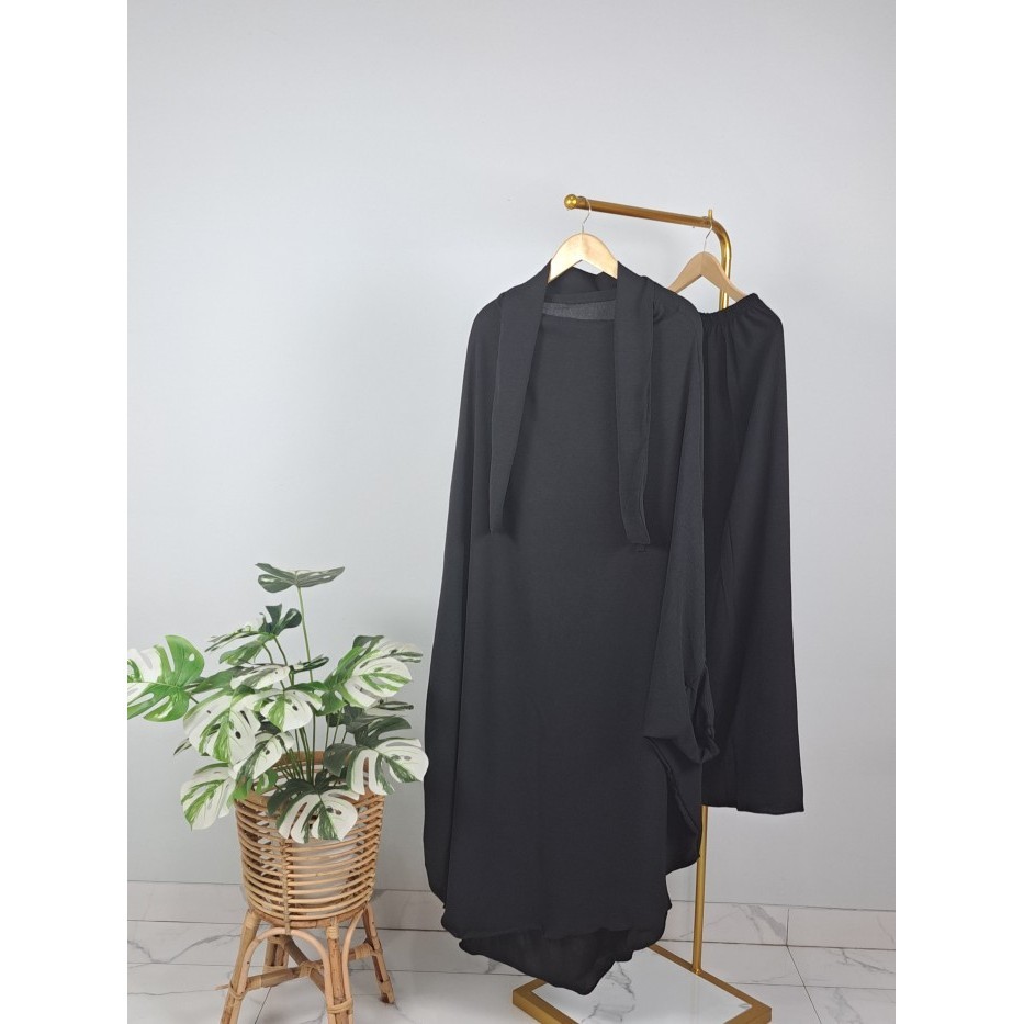 One Set Baju Gamis Syari Wanita  French Khimar Set Rok Jumbo - Hitam, French Khimar