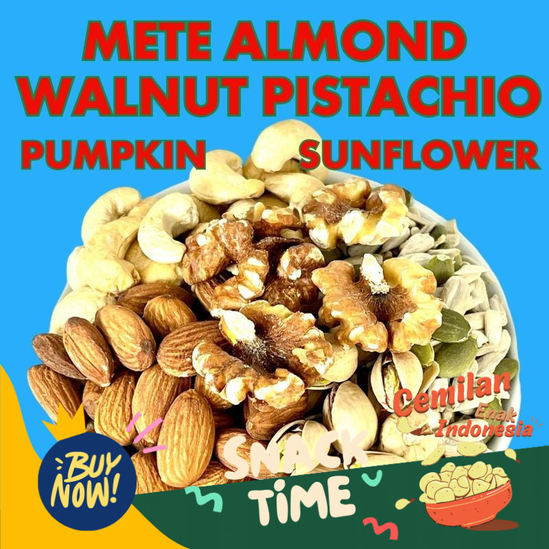 

Special Diskon TRAIL MIX 6 SPECIAL 1KG KACANG METE ALMOND WALNUT PISTACHIO IN SHELL PUMPKIN SUNFLOWER (CEMILAN SEHAT SUDAH MATANG)