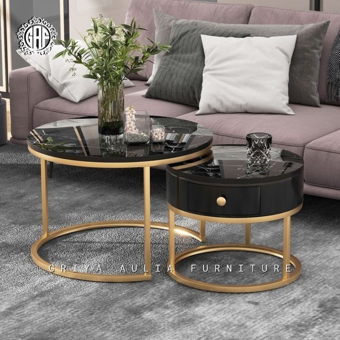 COFFE TABLE BULAT TOP MARMER - MEJA TAMU BUNDAR KAKI BESI - MEJA KOPI