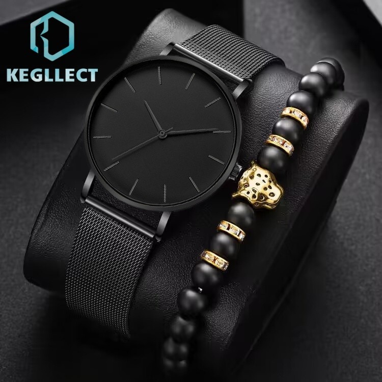 2PCS Jam Tangan Gaya Bisnis Pria Jam Tangan Mewah Klasik Ultra Tipis Jam Tangan Paduan Bisnis Fashio