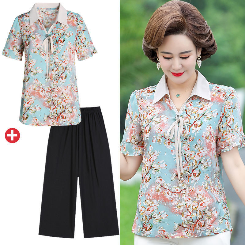 Wanita paruh baya musim panas kemeja lengan pendek bunga kecil celana panjang kaos lengan pendek bun