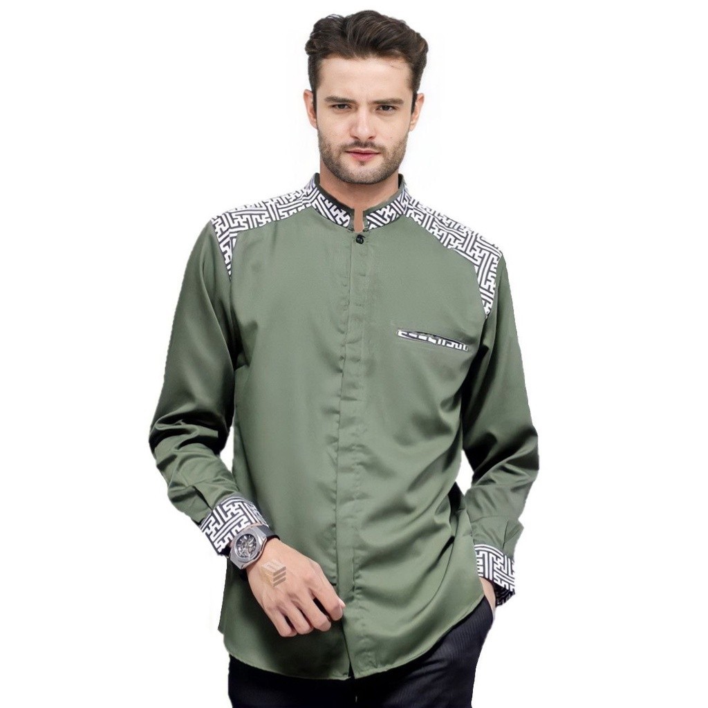 Baju Koko Pria Dewasa Lengan Panjang Warna Hijau Army Terbaru Series  - Baju Muslim - Koko Lengan Pa