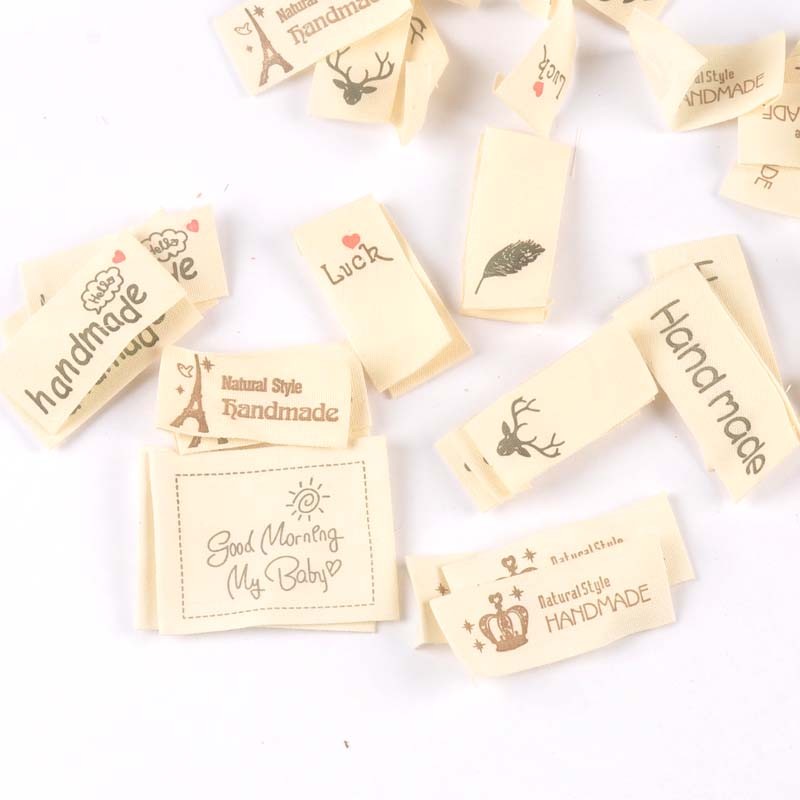 

50pcs Mixed Beige Handmade Printed Cotton Woven Labels For Clothing Care Label Washable Garment Tags Sewing Accessories c2395