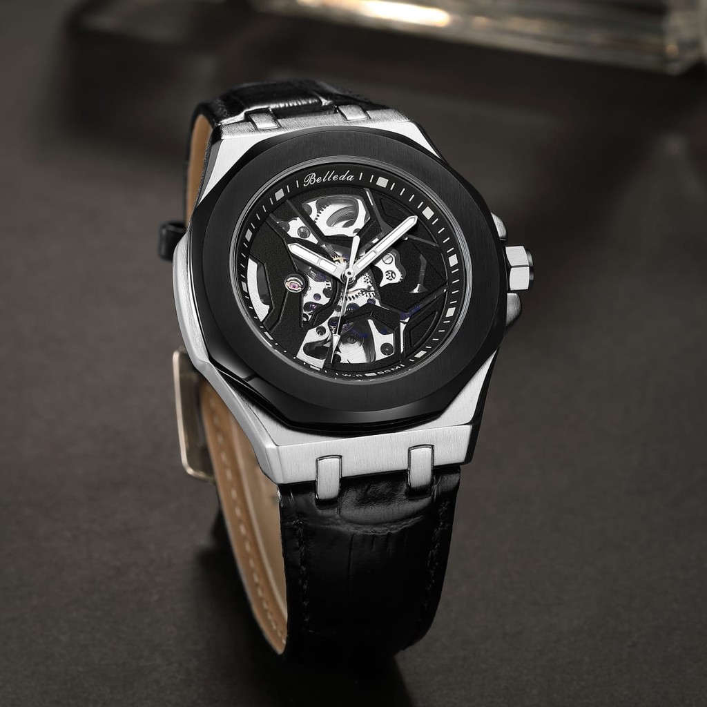 Jam Tangan Pria Belleda Automatic 9608 Tali Kulit Anti Air 50 Meter Original Watches