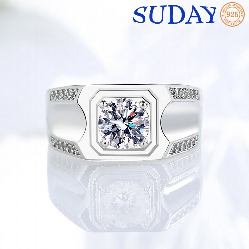 SUDAY Hadiah Pasangan Cincin Pria Emas Putih 18K 1 Karat Cincin Mewah Ringan