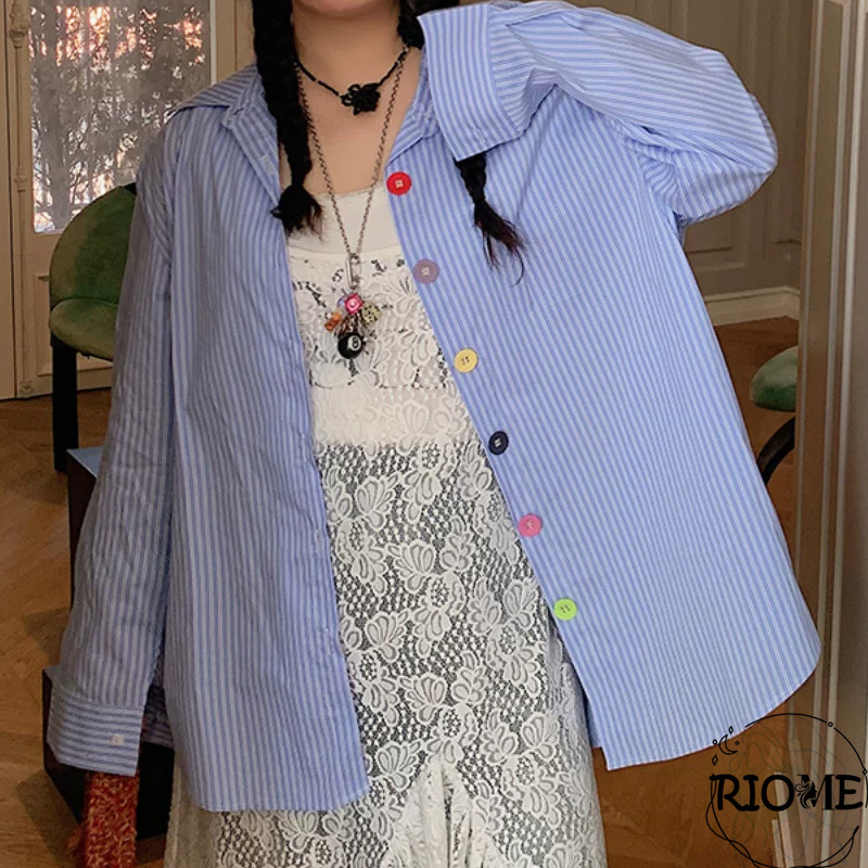 Kemeja lengan panjang wanita ala Korea Tombol berwarna-warni gaya kampus kemeja Kemeja kerah V longg