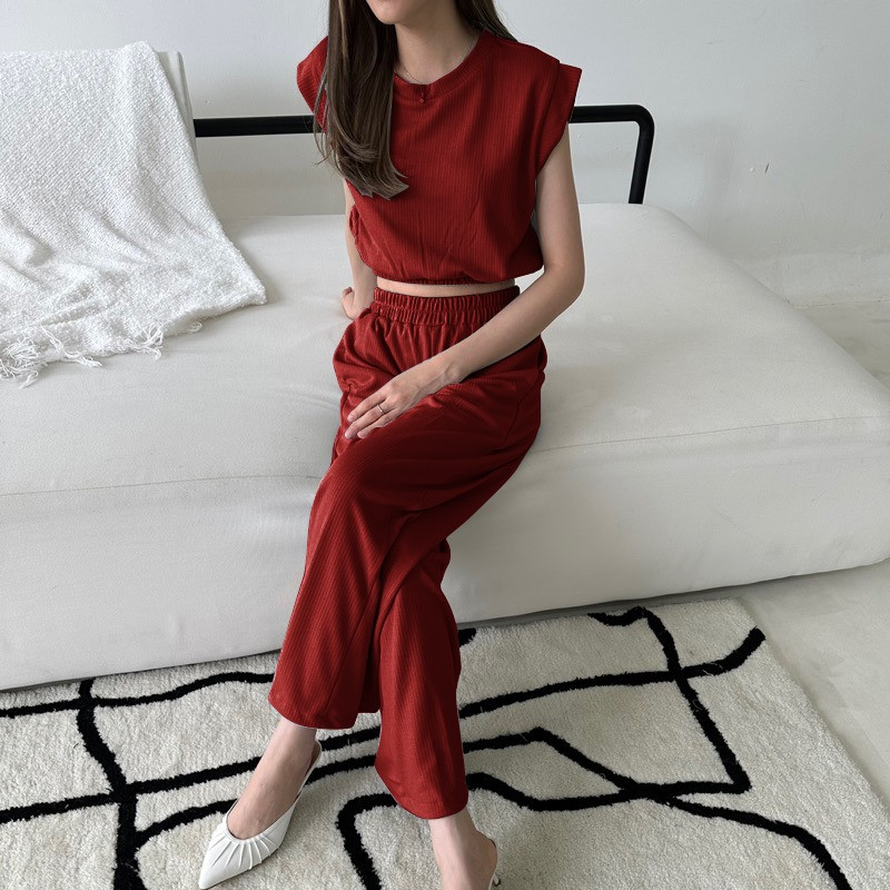 Setelan Wanita Knit Set Crop Top / Nonni Knit Set / One Set Crop Top + Kulot Pants