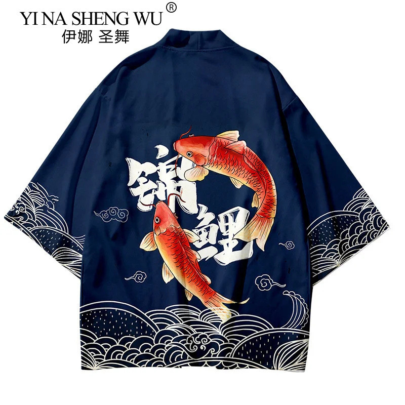 Summer Casual Kimono Cardigan with Koi Wave Print Traditional Haori Japanese Style Kimono Women Men 