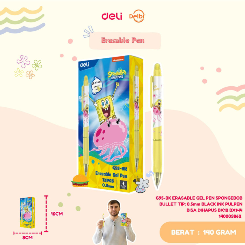 

DELI G95-BK & G95-BL ERASABLE GEL PEN SPONGEBOB BULLET TIP: 0.5mm BLACK INK PULPEN BISA DIHAPUS