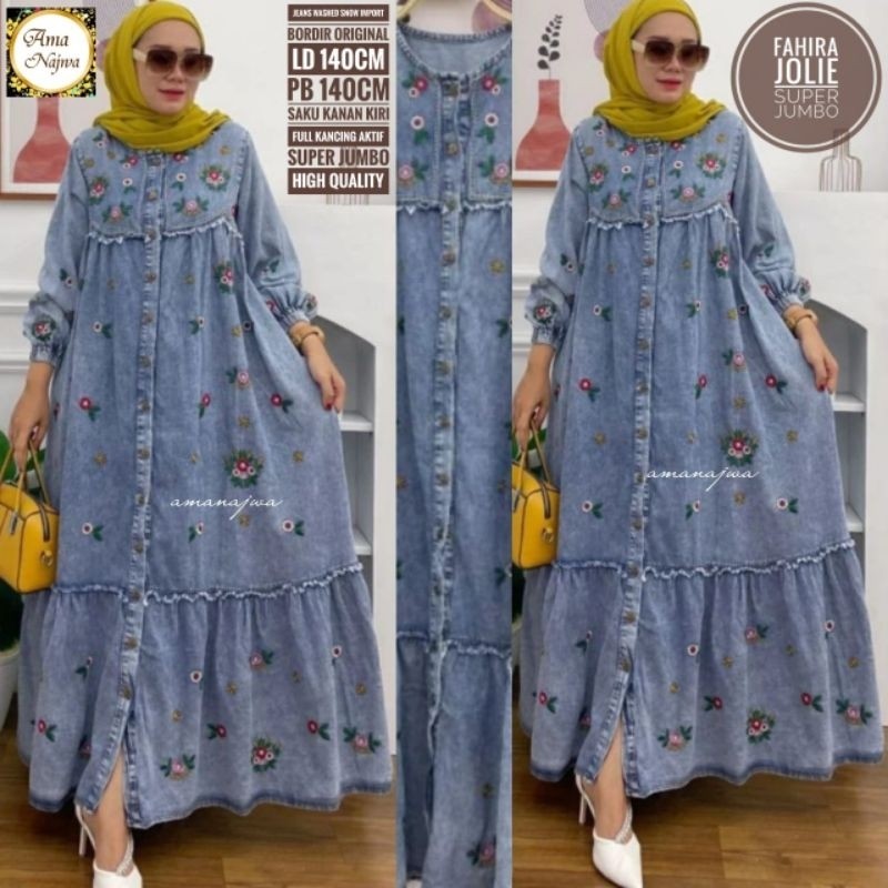 Fahira Jolie Dress Maxy Gamis Jumbo Jeans Bordir Bunga Ld 140 Fit XXXL Busui Kancing By Amj