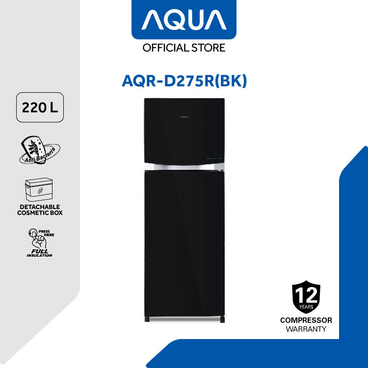 AQUA Kulkas 2 Pintu AQR-D275R (BD/BK) 220 Liter - Glass Door, Inverter, Anti Bacteria, Cosmetic Box,