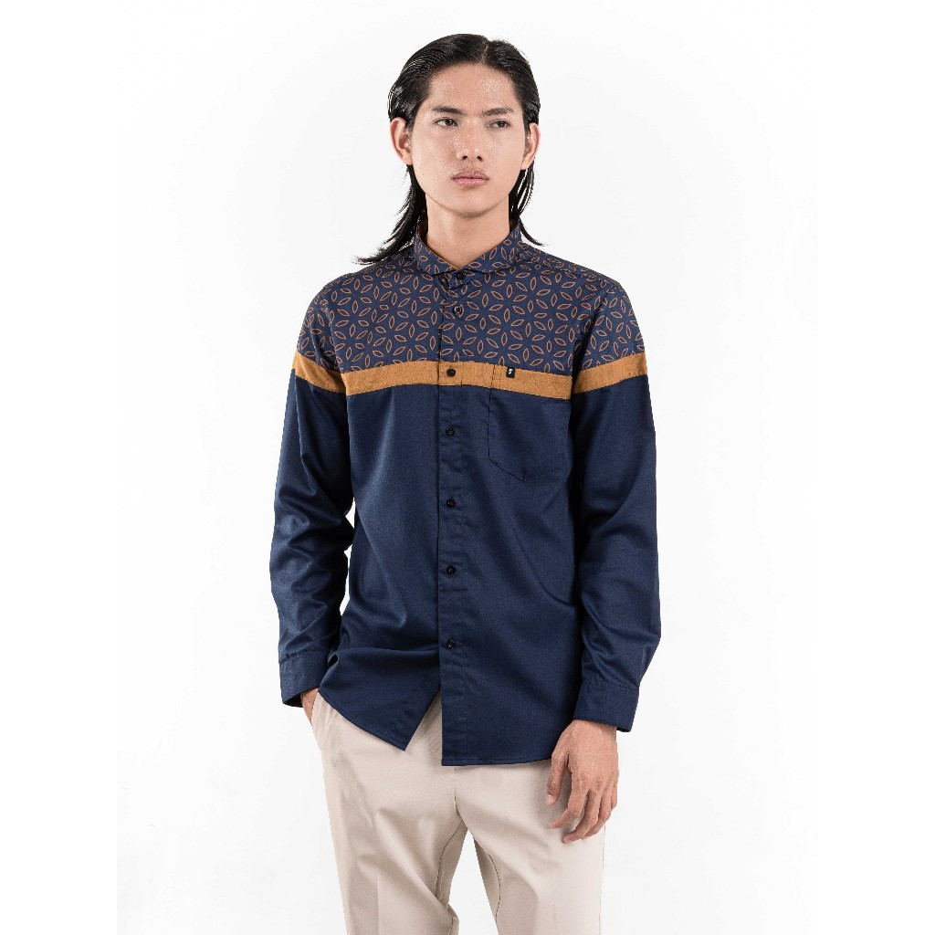 Koko Baju Pria Dewasa Muslim Lengan Panjang Modern Fadkhera Jabir Ustad Santri Navy Premium 2025