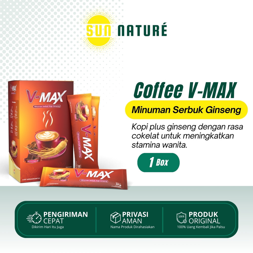 

V-MAX Kopi Plus Ginseng Rasa Cokelat Penambah Mood Wanita Kemasan 1 Box @10 Sachet