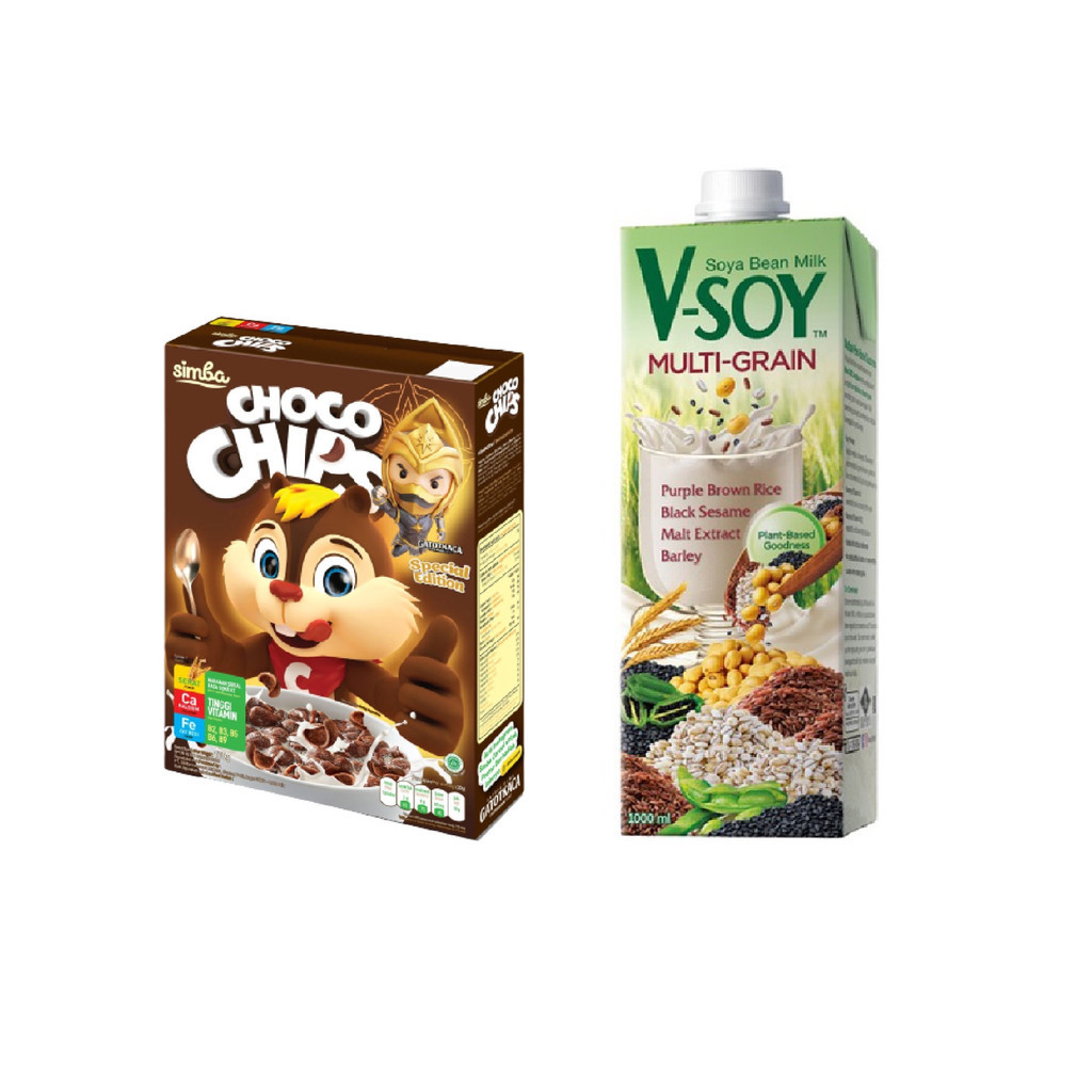 

Simba Choco Chips Sereal Cokelat 170 gr + V-SOY Susu Kedelai Multi Grain 1 L