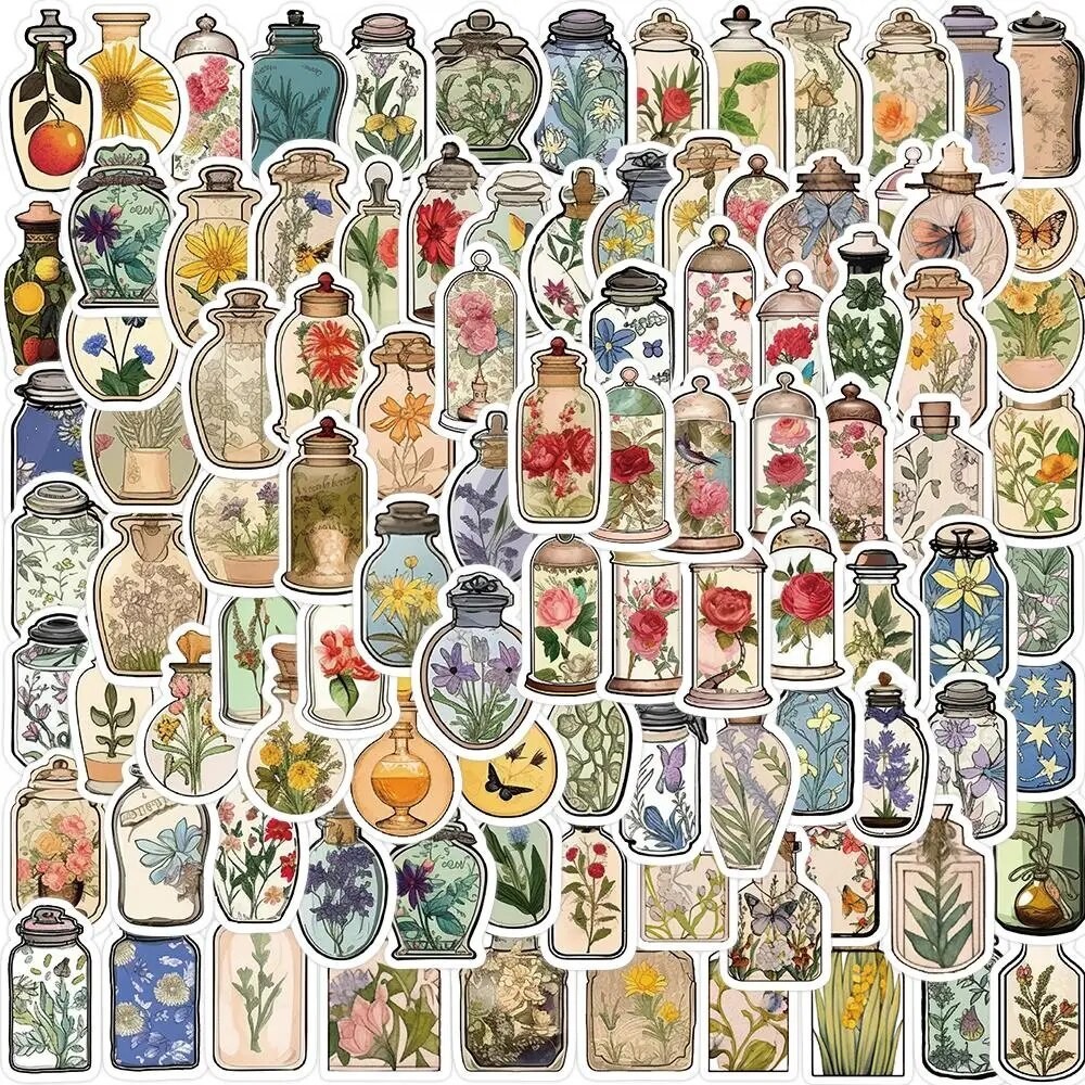 

100PCS Vintage Flower Drink Cartoon Stickers Vinyl Aesthetic Waterproof Water Bottle Laptops Luggage Decals