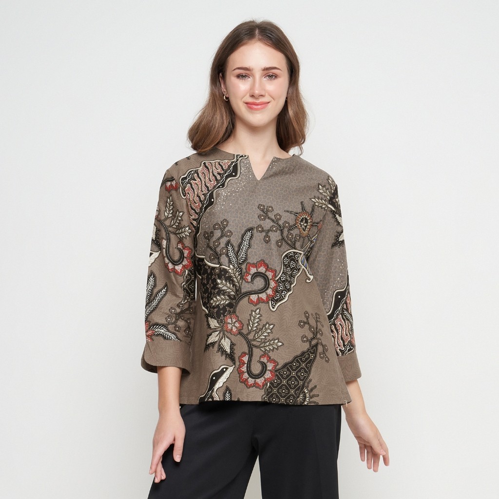 Blouse Batik Wanita Atasan Batik Wanita Lengan Panjang Warna Coklat OLR155