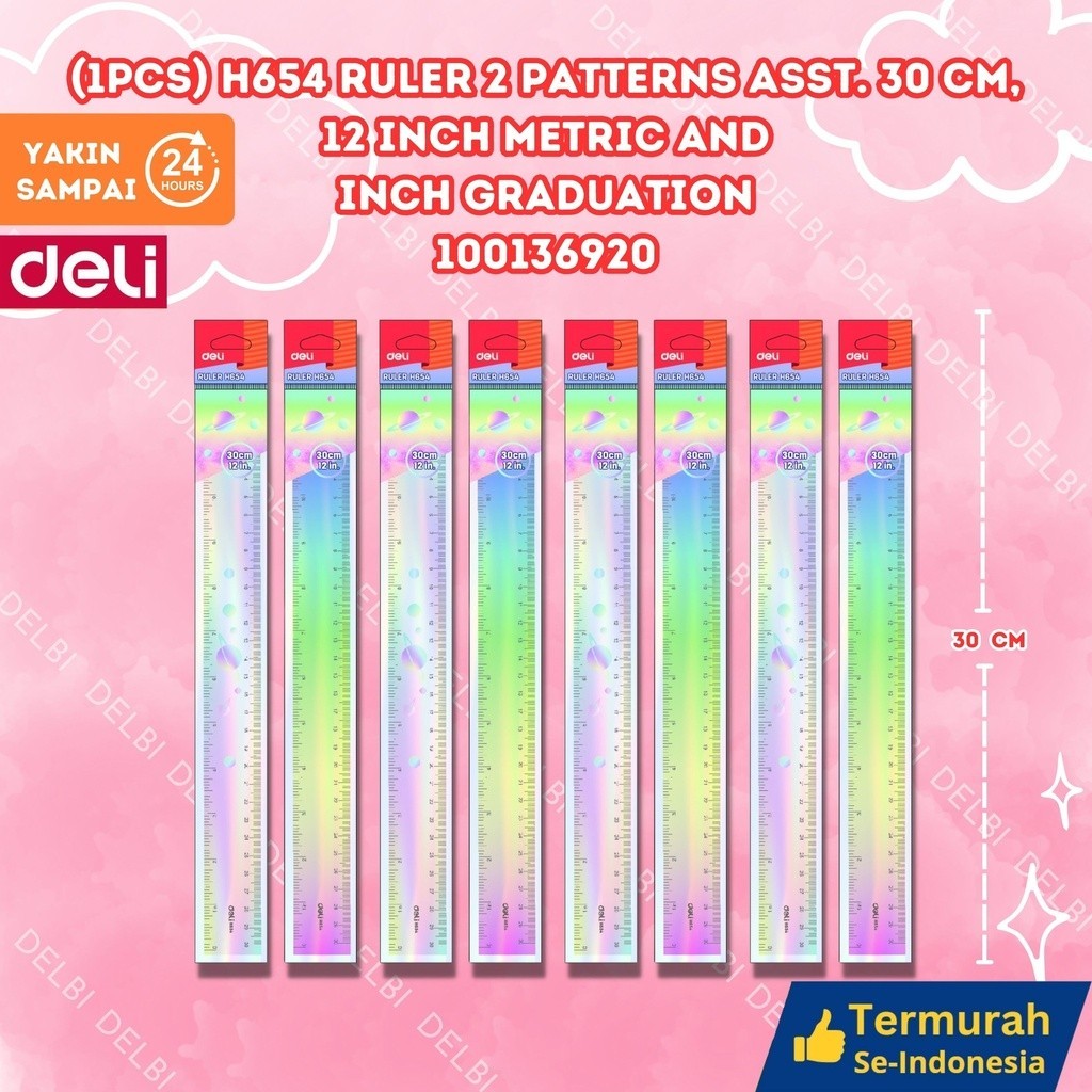 

Deli | Penggaris (Ruler) | 30 cm (12 inch) | H654 (1pcs) H654 Ruler 2 patterns asst. 30 cm, 12 inch Metric and inch graduation