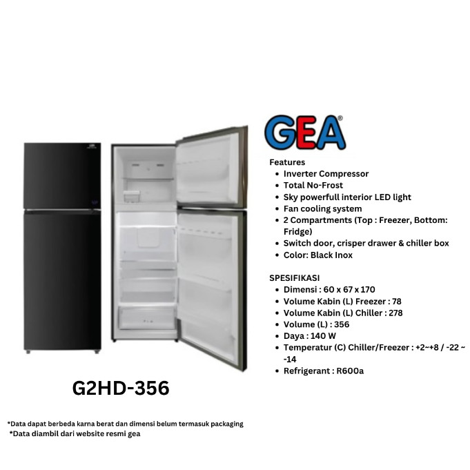 Kulkas GEA G2HD 356 / Kulkas 2 Pintu GEA G2HD356 Inverter 356 Liter