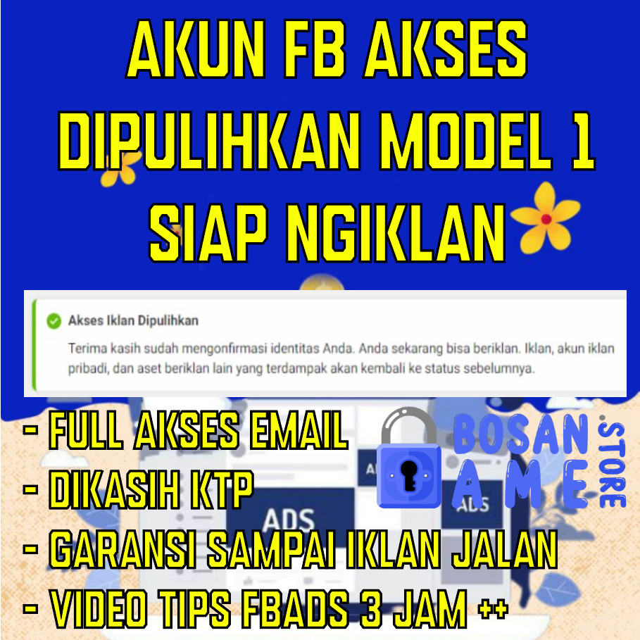 Akun FB Facebook Verified / Status Iklan dipulihkan (Model 1) + Support Ads Personal + Full Akses Email 2FA + Dikasih+ Bonus eCourse dan Video Tutorial