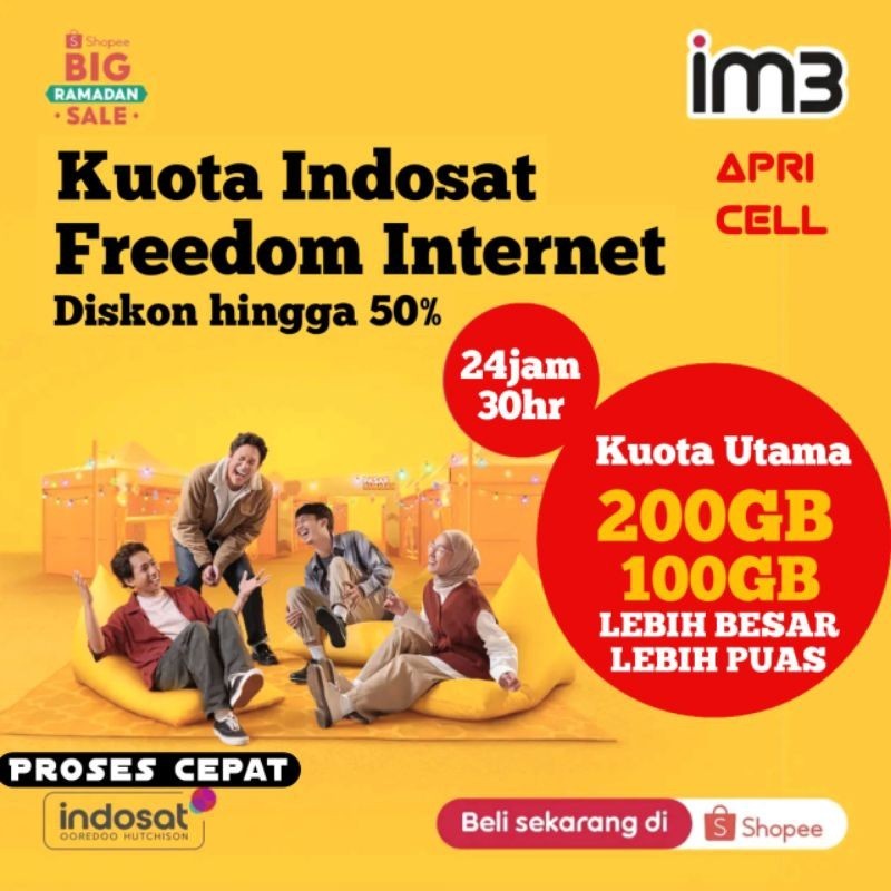 NEW Kuota Indosat 200gb 100gb 50gb Freedom Internet Full 24 Jam 30 Hari