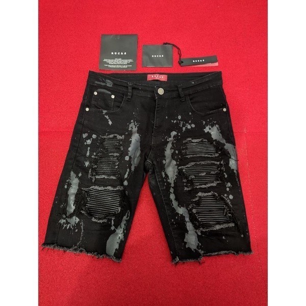 PROMO CUCI GUDANG Rucas S8 Short Caviar Leather Ripped Denim Biker Jeans