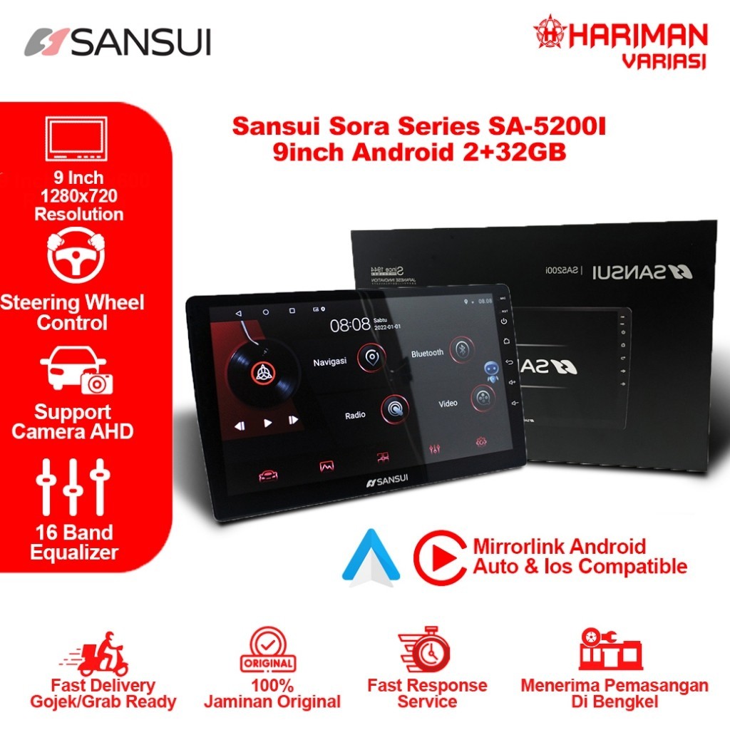 Headunit Sansui Sora Series SA-5200I 9 Inch Android 10 2+32GB