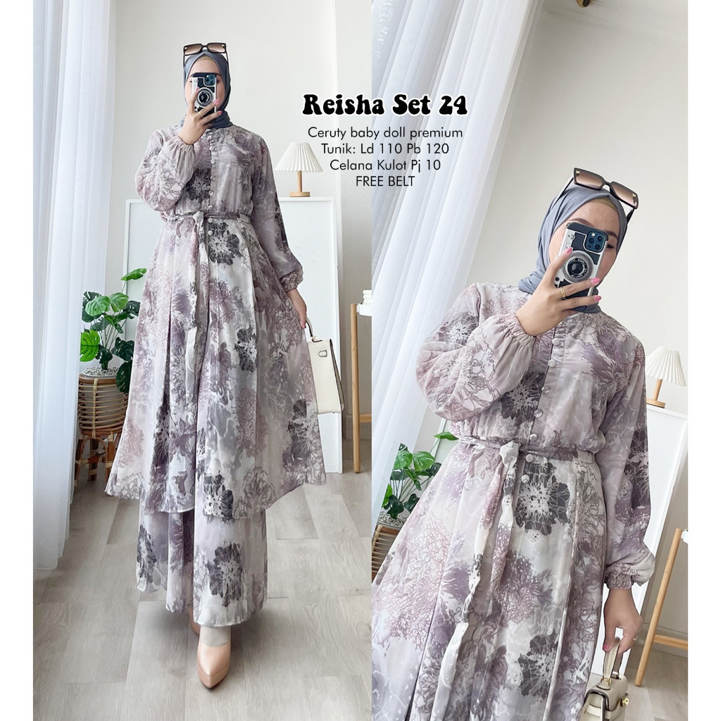 Set Tunik Wanita Reisha Set 24 / Tunik Bahan Ceruty Baby Doll Print Wanita