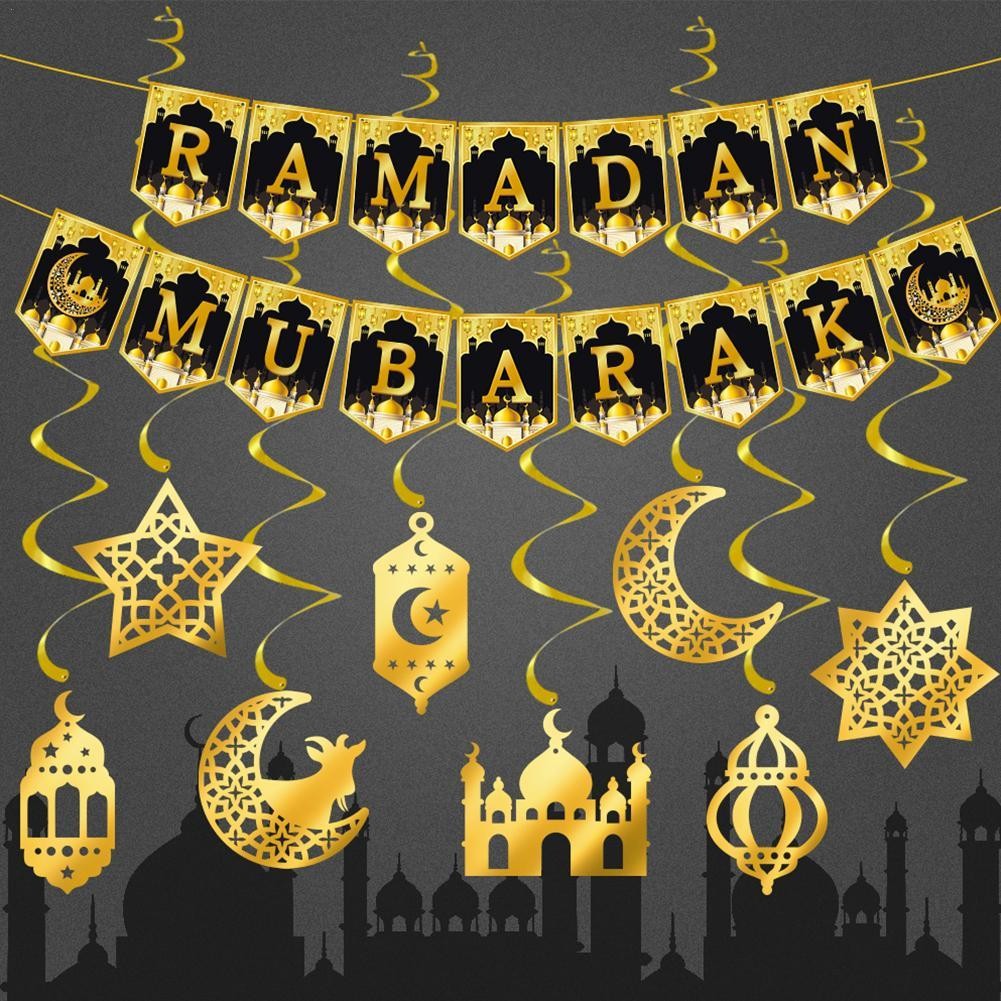 

2025 Ramadan Decoration - Eid Mubarak Paper Banner Garland, Moon Star Mosque Swirl Ornament, Islamic Party Home Decor
