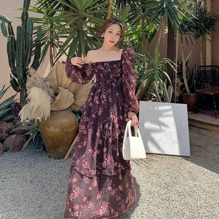 𝐑𝐄𝐀𝐃𝐘 𝐒𝐓𝐎𝐂𝐊 𝐒𝐀𝐅 - DORA purple flower long dress long sleeve woman premium / korean summer dress / be
