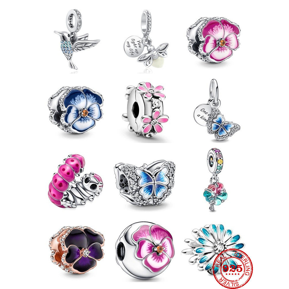 New Flower Pendant Clip Butterfly Glowing firefly Hummingbird Bead 925 Sterling Silver Fit Pandora C