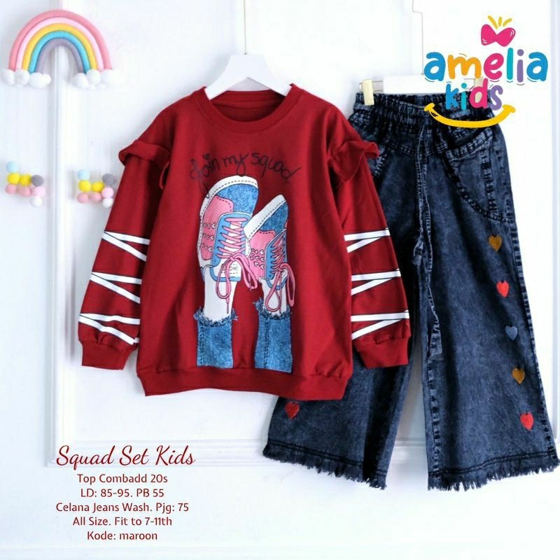 Squad Set Kids Kulot Jeans Atasan Motif Kartun (7-11th) ORI AMELIA