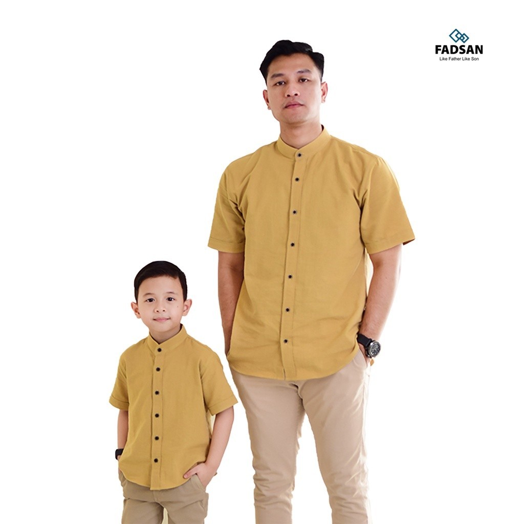 AA53 Baju Kemeja Koko Couple Ayah Dan Anak Atasan Pakaian Muslim Pria Laki Laki Cowok Lengan Pendek Polos Warna Kuning Katun Original FADSAN