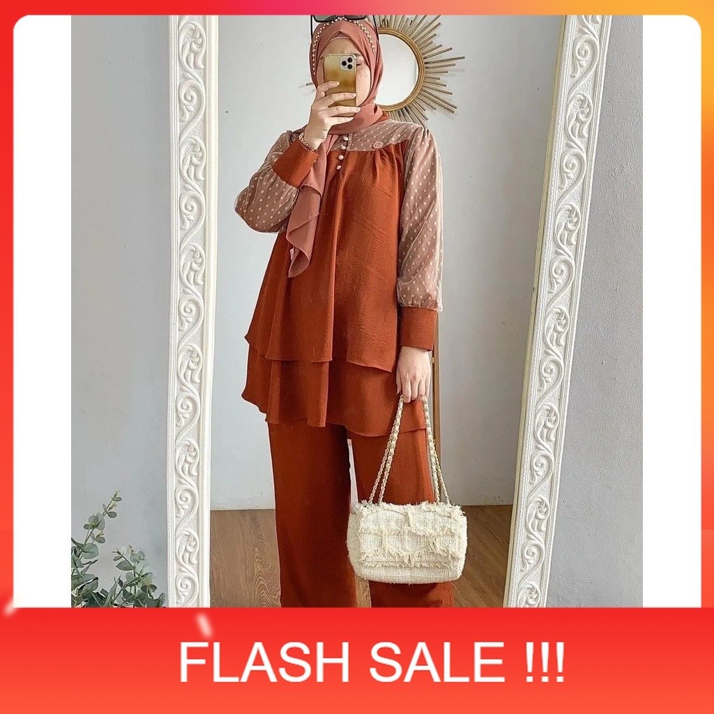 PROMO Tile Dot Set Hanna / Set Wanita Atasan + Celana / Baju Setelan Wanita Matt Crinkle Mix Tile Do