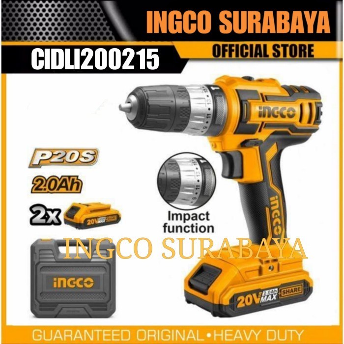 INGCO CIDLI200215 IMPACT DRILL CORDLESS 10MM BOR KAYU BESI BATERAI 20V