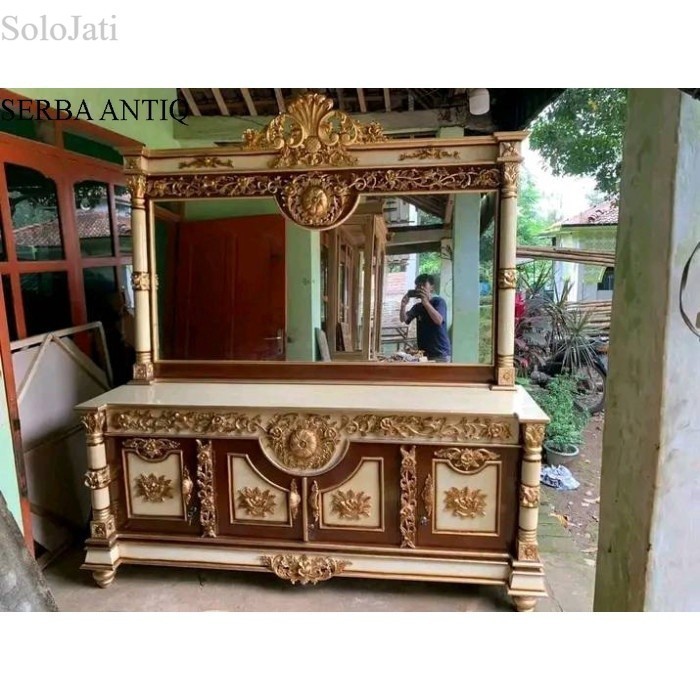 

SA Termurah meja rias Queen Jodha ukir kayu jati finishing putih emas murah