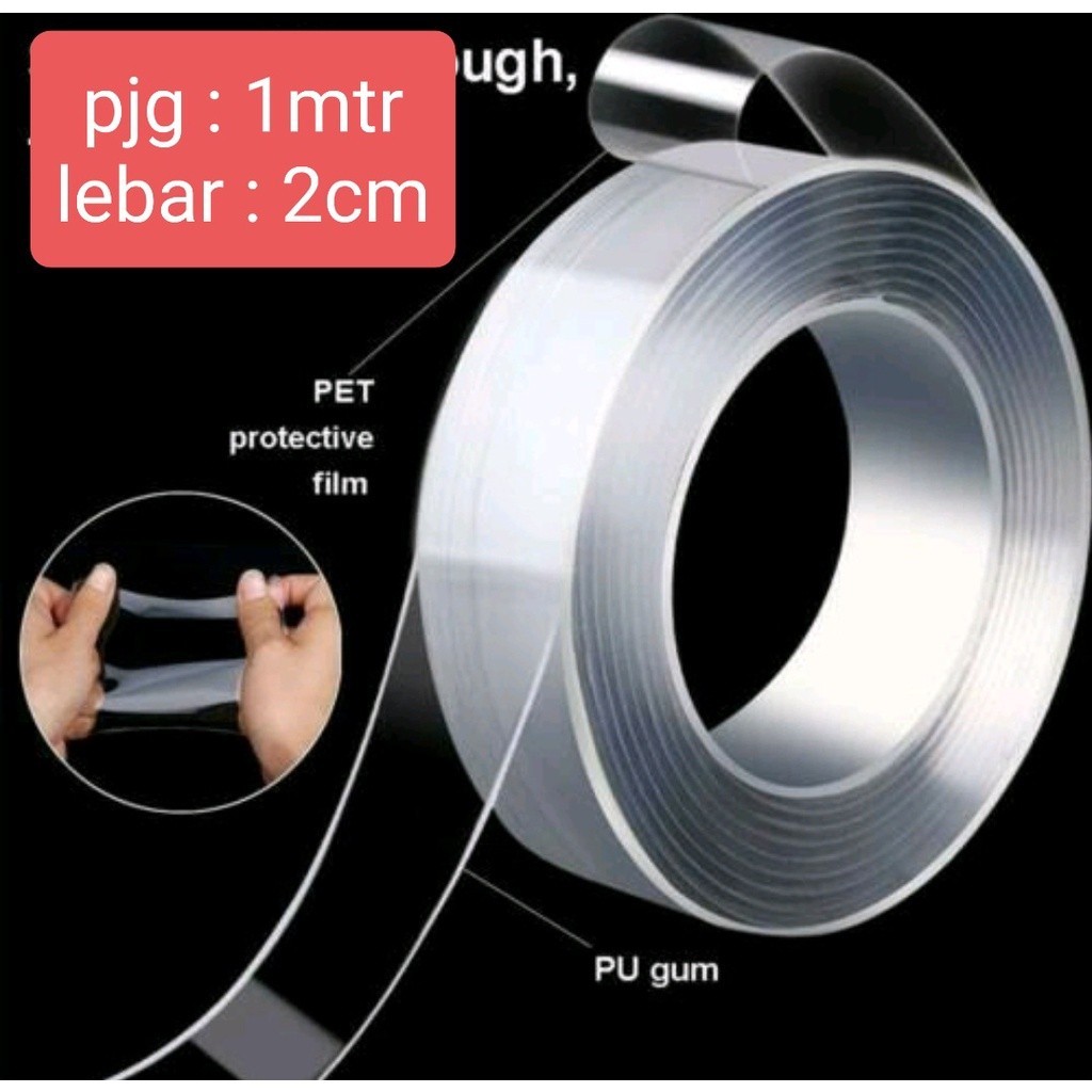 double tape nano bening 1 meter lebar 2cm lakban nano bening 2 sisi lakban bening 1 meter double tap