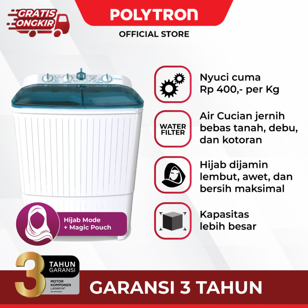 POLYTRON Mesin cuci 2 tabung Primadona Giant series hijab 10 Kg PWM 1082