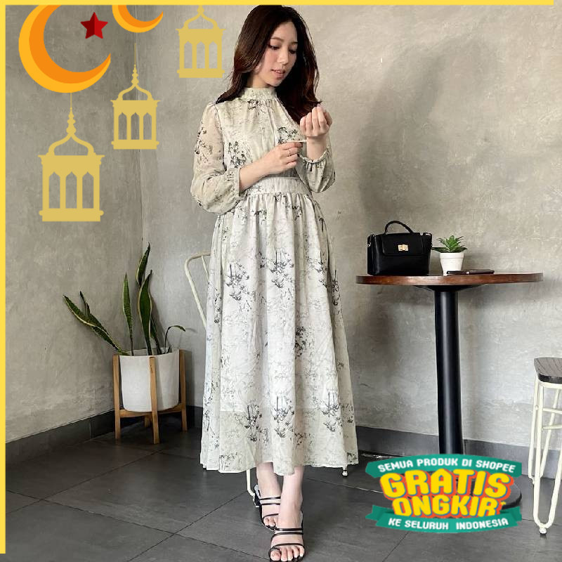 Dress Hijau | Dress Motif Bunga | Original By Fadfad | Dress Korean Style Muslim | Turtle Neck Dress