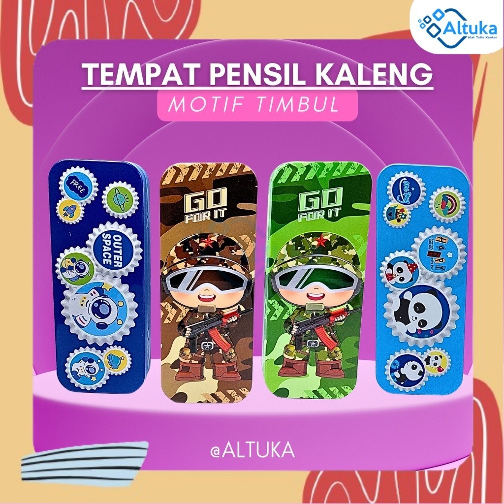

Kotak Pensil Kaleng Motif Funcy/ Tempat Pensil Kaleng Motif Timbul