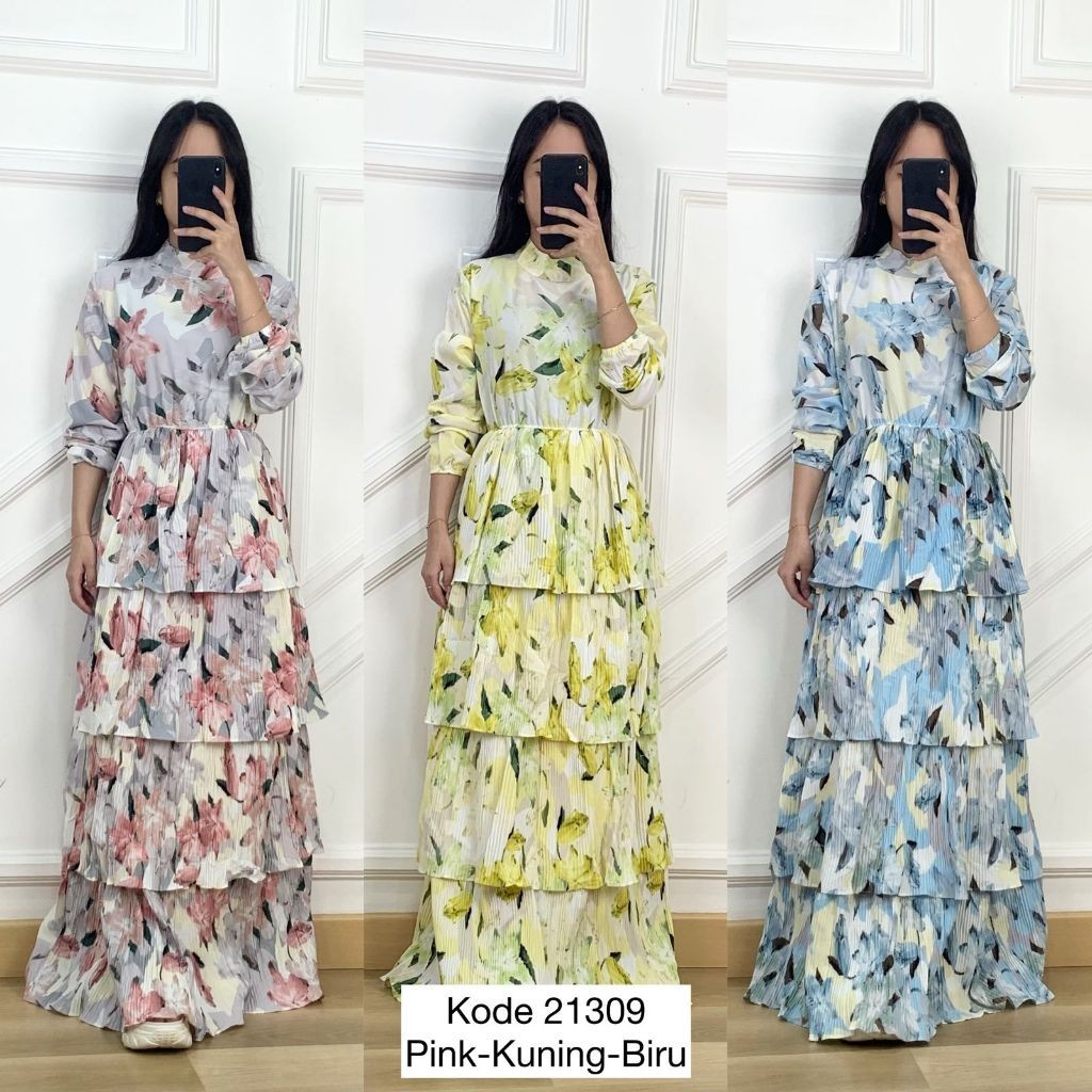21309 LONG MAXI SLIKY ROK PLSIKET RUMPLE TINGKAT VARIASI PINGGANG KARET KELILING LENGAN PANJANG PREM