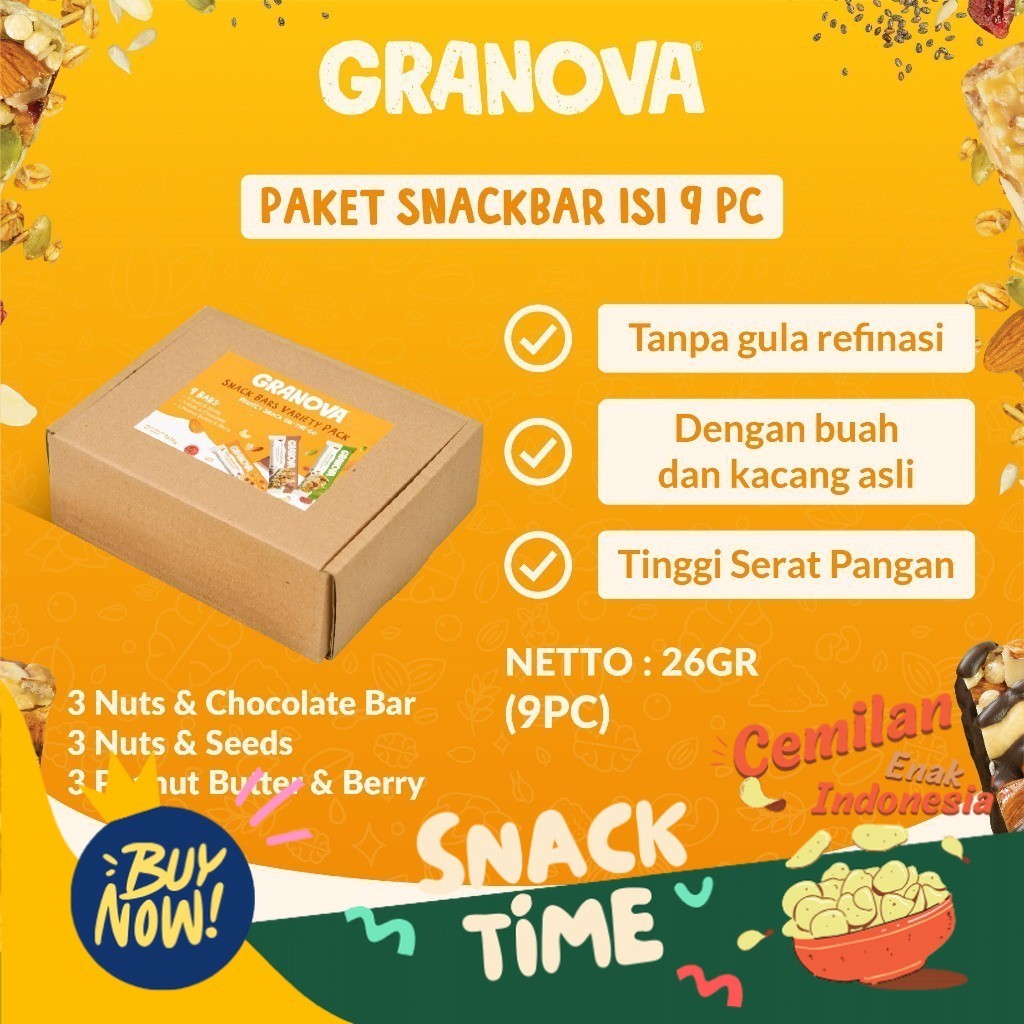 

Special Diskon Granova - Snackbar 26gr x 9 pcs (Rasa Original, Peanut Butter & Berry / Selai Kacang & Buah Beri, Nuts & Chocolate / Kacang & Coklat) - Cemilan Sehat, Gandum, Halal