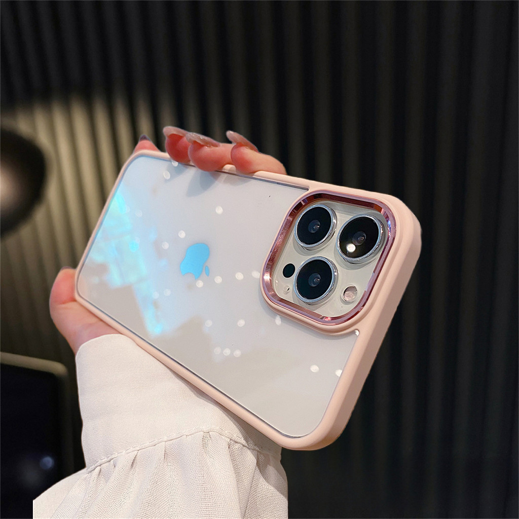 Casing Pink Bumper Armor Lensa Metal Transparan Shockproof Case Untuk iPhone 15 14 13 12 pro Max 11 