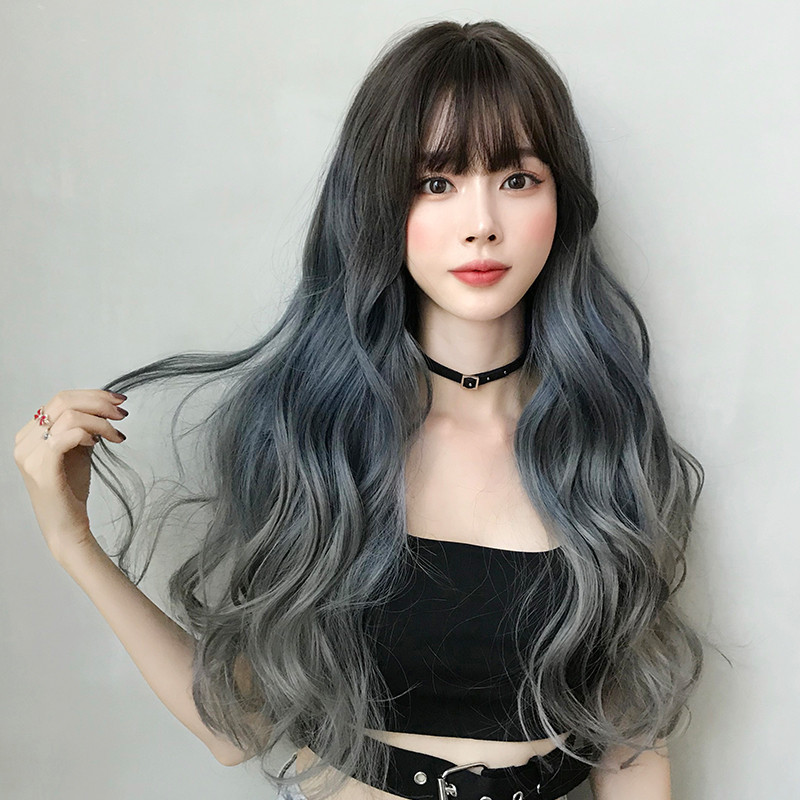 Wig rambut keriting abu-abu biru Ombre grosir Wig keriting panjang Ombre tahan panas dengan poni Wig