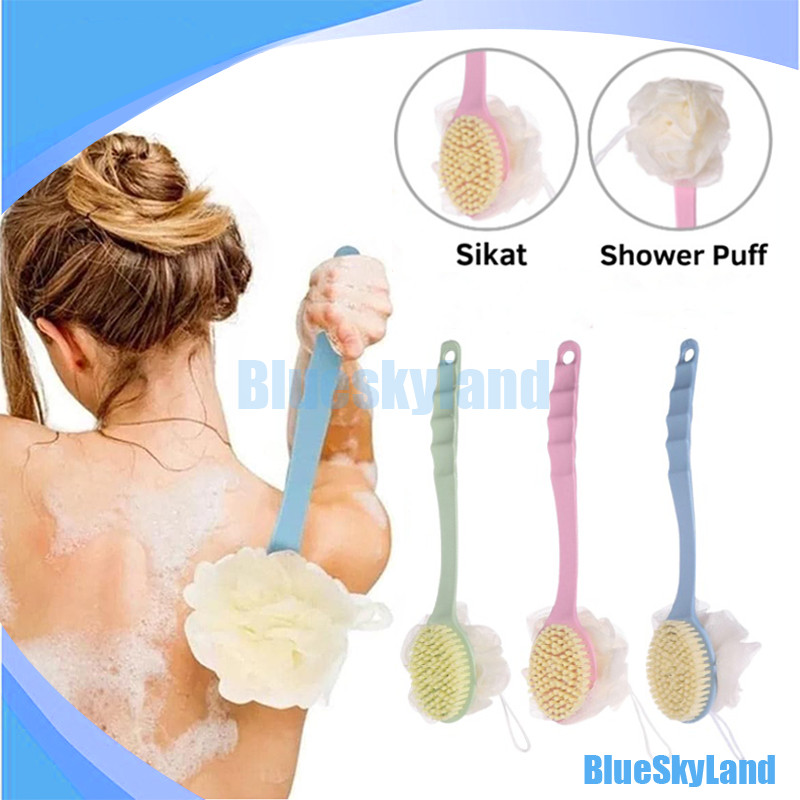 Sikat Mandi Dua Sisi Spon Bulu Lembut Gagang Panjang Sikat Gosok Punggung / Tongkat Mandi Gagang Pan
