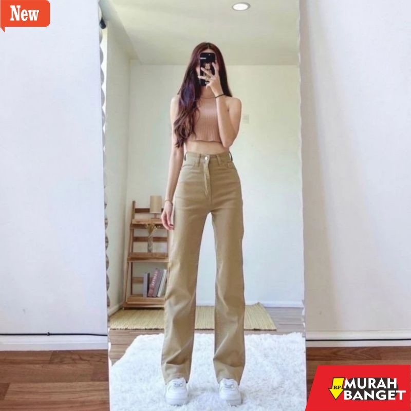 Celana panjang denim wanita- BF KULOTE JEANS HIGWAIST WARNA//CELANA PANJANG JEANS CREAM
