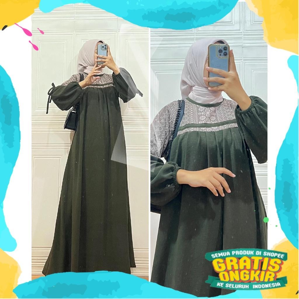 NAGITA DRESS gamis crinkle airflow mix brokat polos/Jokowidodo